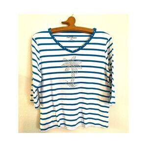 Palm Grove Petite Cotton Blend Turquoise Blue Striped Palm Tree Top XL